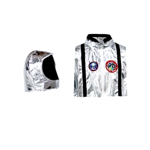 Silver astronaut cosplay costume set for adults including metallic vest and soft helmet
