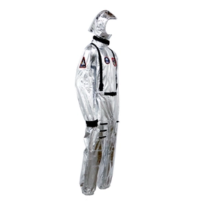 Silver astronaut costume for adults featuring NASA-style badges and a matching helmet
