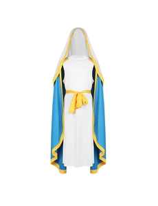 Detail van middeleeuwse mantel met capuchon, blauwe voering en witte tuniek voor cosplay