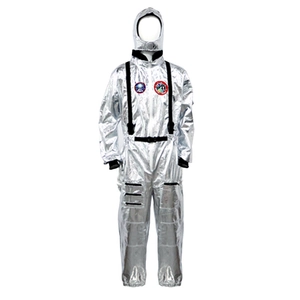 Adult silver astronaut costume jumpsuit with space patches and harness for cosplay