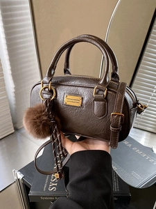 Vintage PU Leather Boston Bag For Women Elegant Small Pillow Crossbody Bag With Fur Ball Charm Handbag For Office Daily