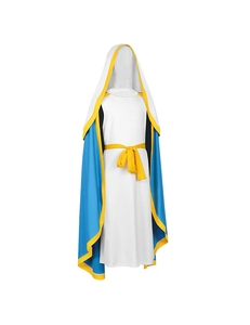 Detail van middeleeuws Maria-kostuum met witte jurk en blauwe cape met capuchon