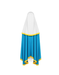 Detail van een blauwe middeleeuwse monnikspij met witte kap en gele afwerking