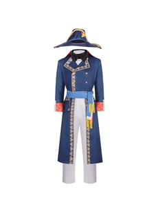 Detail van Napoleon kostuum met blauwe jas, goud borduursel en tweekante steek hoed