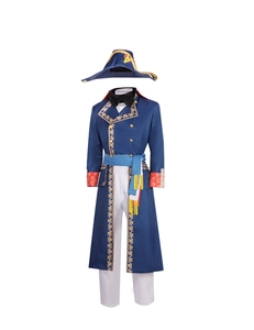 Detail van Napoleon kostuum met blauwe tweekante steek, goud borduursel en blauwe sjerp