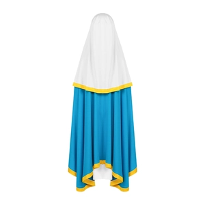 Middeleeuwse cosplaymantel met capuchon in wit en hemelblauw met gele bies op witte achtergrond