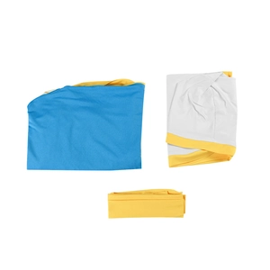 Middeleeuwse monnik cosplay set inclusief blauw-gele tuniek met capuchon en accessoires