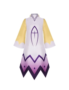Detailed front view of Hazbin Hotel Adam cosplay costume with jagged purple gradient hem