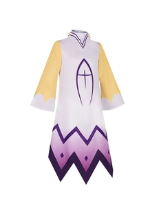 Detailed view of Adam cosplay costume with golden spikes and purple cross symbol