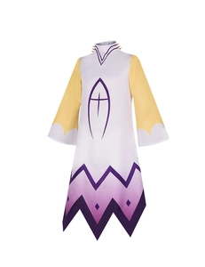 Detail view of Adam Hazbin Hotel cosplay robe with gold spikes and iconic purple cross design