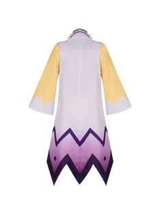 Detail of Hazbin Hotel Adam cosplay robe featuring high collar and jagged purple hem