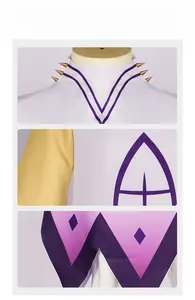 Close-up of gold spiked collar and purple geometric patterns on Adam cosplay costume