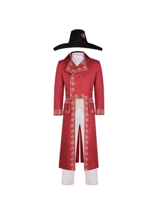Detail van Napoleon-kostuum met goud borduursel op rood jasje en zwarte tweekante steek