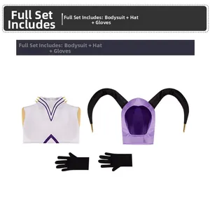 Three-piece Adam cosplay costume set including jumpsuit, horned hood, and gloves