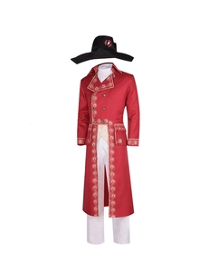 Detail van rood Napoleon kostuum met gouden borduursels en officiers tweekante steek
