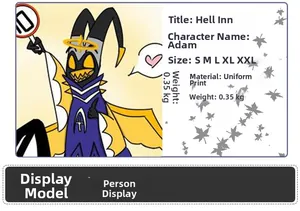 Detail specifications for Adam costume from Hazbin Hotel showing uniform fabric and size guide