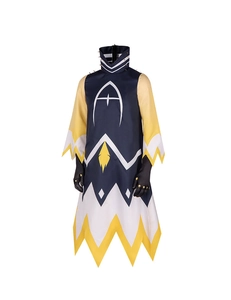 Detail of Hazbin Hotel Adam cosplay robe with white emblem and yellow winged sleeves