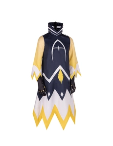 Close-up of Hazbin Hotel Adam cosplay robe with golden spikes and chest symbol detail