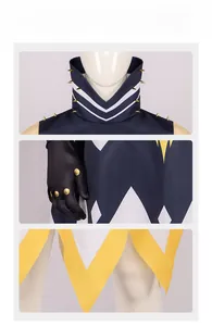 Detailed views of Hazbin Hotel Adam cosplay costume with gold studs and chevron patterns
