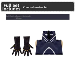 Detail view of Adam cosplay set including dark blue bodysuit and studded black gloves