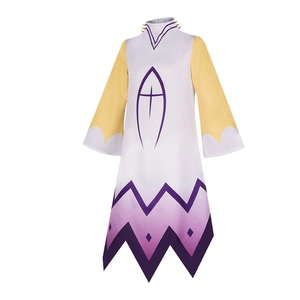 Hazbin Hotel Adam cosplay costume with white robe and jagged purple gradient hemline
