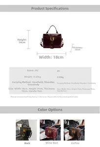 Detailed size chart showing the dimensions 18x14x10cm of the PU leather box handbag