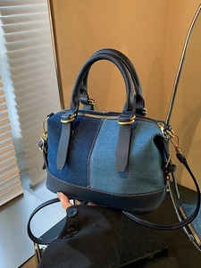 Borsa a Mano Donna Denim Patchwork Pelle PU Borsa Boston Mini Cuscino Borsa a Tracolla Hardware Oro Casual Viaggio