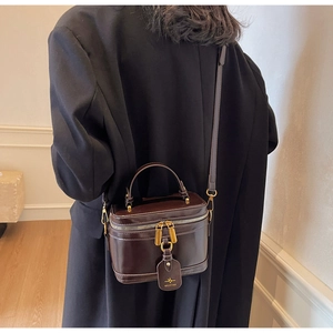 Detail of dark brown box bag with gold-tone hardware and glossy finish on model