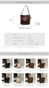 Detailed size specifications and multi-color options for the large PU leather bucket bag