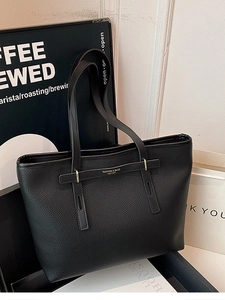 Minimalist large black lychee pattern tote bag with gold logo and long handles