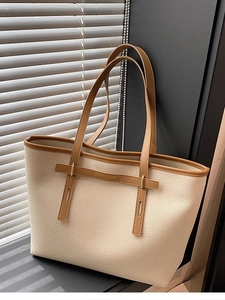 Retro cream white large tote bag with brown straps and textured litchi leather finish