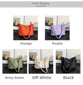 Quilted tote bags shown in five colors: orange, purple, green, beige, and black