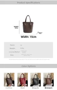 Detailed view of leather bucket bag dimensions and four available color options