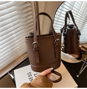 Detailed view of brown lychee-textured bucket bag with silver buckles and crossbody strap