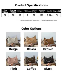 Size chart and color options for the quilted chain shoulder bag in high-quality PU leather