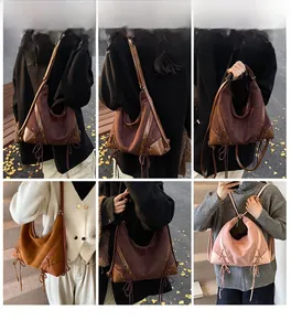 Collage of vintage hobo bags in dark brown, caramel, and pink suede for autumn styles