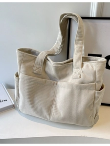 Sac fourre-tout minimaliste en velours côtelé blanc cassé avec grandes poches avant