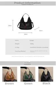 Detailed size guide and color options for large suede tote bag with fringe and rivets