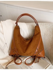 Retro brown large capacity tote bag with suede stitching and decorative strap details