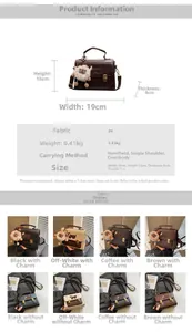 Size guide for PU leather small square bag showing dimensions 19x13x8cm and various colors