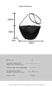 Detailed dimensions of black PU crescent crossbody bag with 120cm adjustable strap