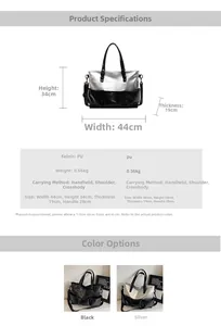 Detailed view of silver and black PU tote bag showing dimensions and adjustable strap