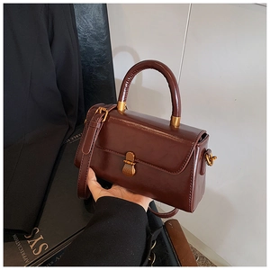 Detail of vintage brown glossy leather handbag with gold metal clasp and top handle