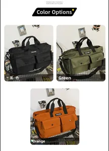 Detailed comparison of multi-pocket nylon tote bags in black, green, and orange colors
