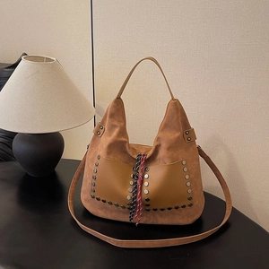 Women Large Capacity Suede Hobo Bag Vintage Tote Shoulder Bag With Rivets And Braided Rope Casual Crossbody Handbag