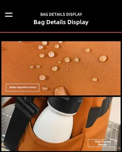 Detailed view of water-resistant orange canvas tote bag with side pocket for bottles
