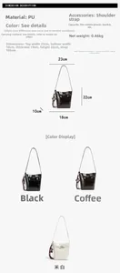 Detailed size chart and specifications for the retro PU leather bucket crossbody bag