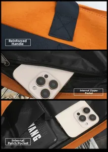 Detail of orange nylon tote featuring reinforced stitching and internal zipper pocket