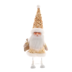Detail of 40cm Santa figurine in gold sequins and white fur trim with a small burlap sack