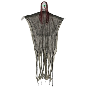 Fantasma appeso di Halloween con capelli rossi e occhi LED verdi per decorazioni spaventose